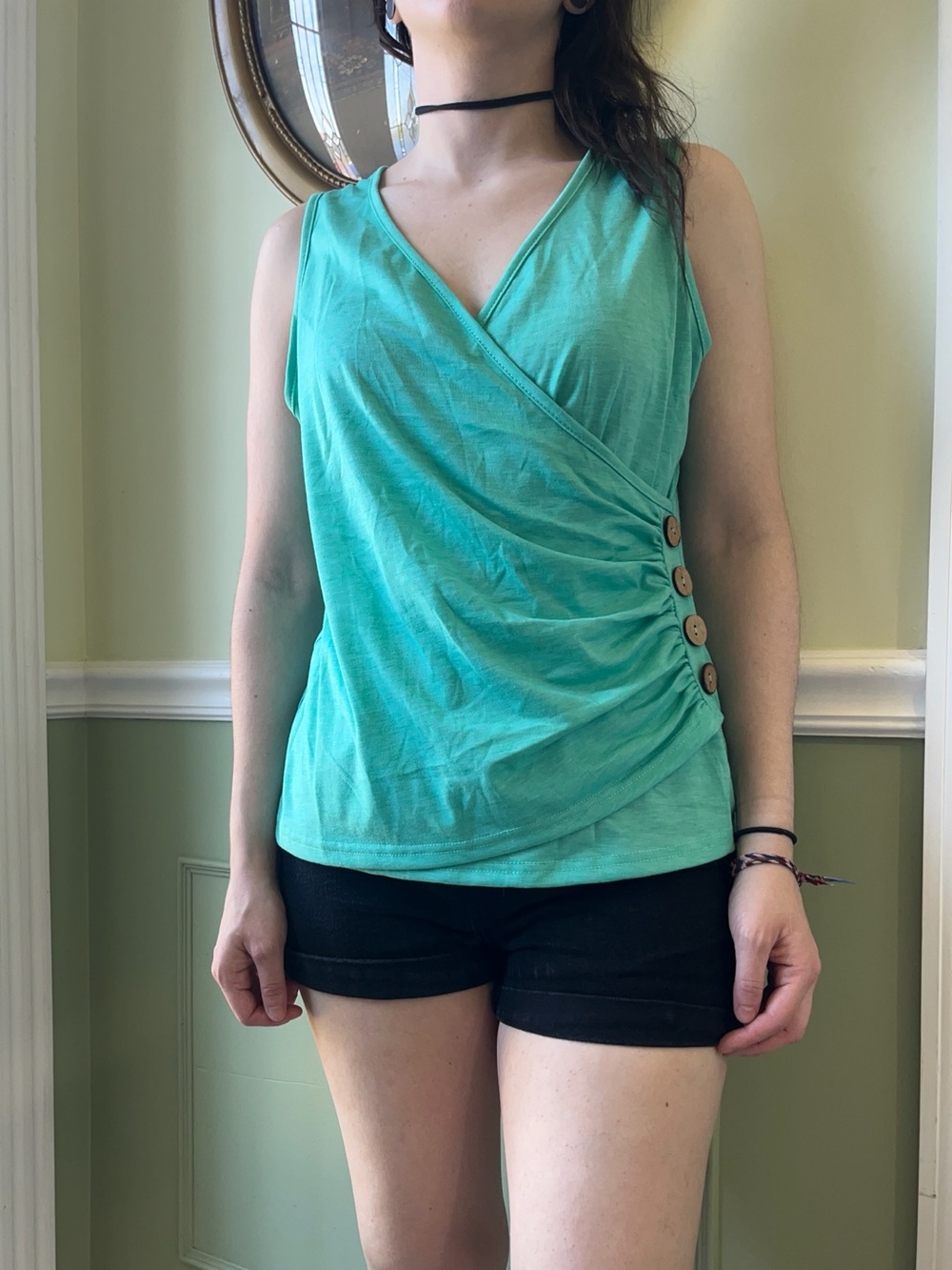 SHEIN green button wrap tank top